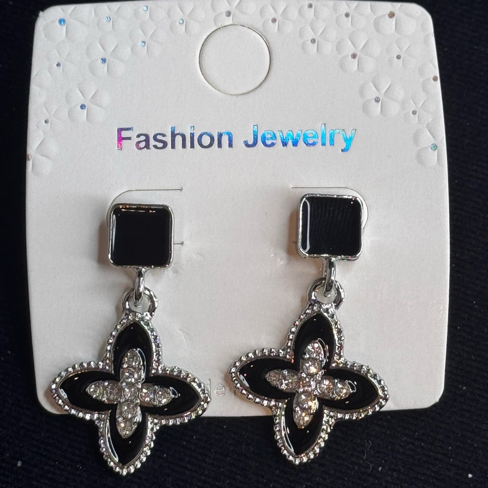 Black & Crystal Clover Drop Earrings - Fashion Jewelry NWT 1.5 inch Silver Tone